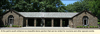 At Watkins Glen State Park's south entrance is a beautiful ston pavilion that can be rented for reunions and other special events.