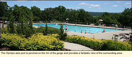 The Olympic-size pool in Watkins Glen State Park is perched on the rim of the gorge and provides a fantastic view of the surrounding area.