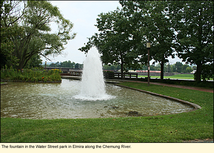 The fountain in the Water Street park in Elmira along the Chemung River.