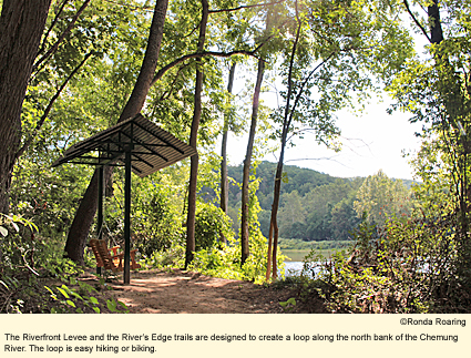 The Riverfront Levee and the River's Edge trails are designed to create a loop along the north bank of the Chemung River. The loop is easy hiking and biking.