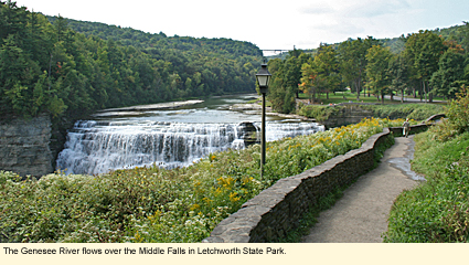 The Genesee River flows over the Middle Falls in Letchworth State Park.