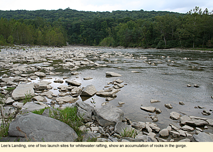 Lee's Landing, one of two launch sites for whitewater rafting, show an accumulation of rocks in the gorge.